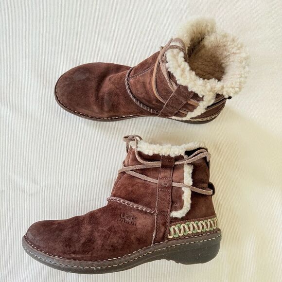 Ugg Womens Boots Ankle Fur Suede Leather Comfort Warm Brown Lace Shoe Size 9 - Picture 1 of 6